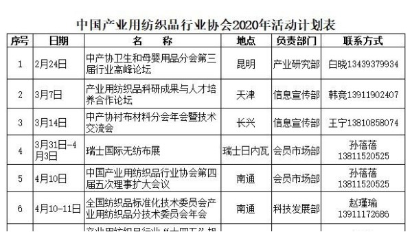 中國產(chǎn)業(yè)用紡織品行業(yè)協(xié)會2020年活動計劃表